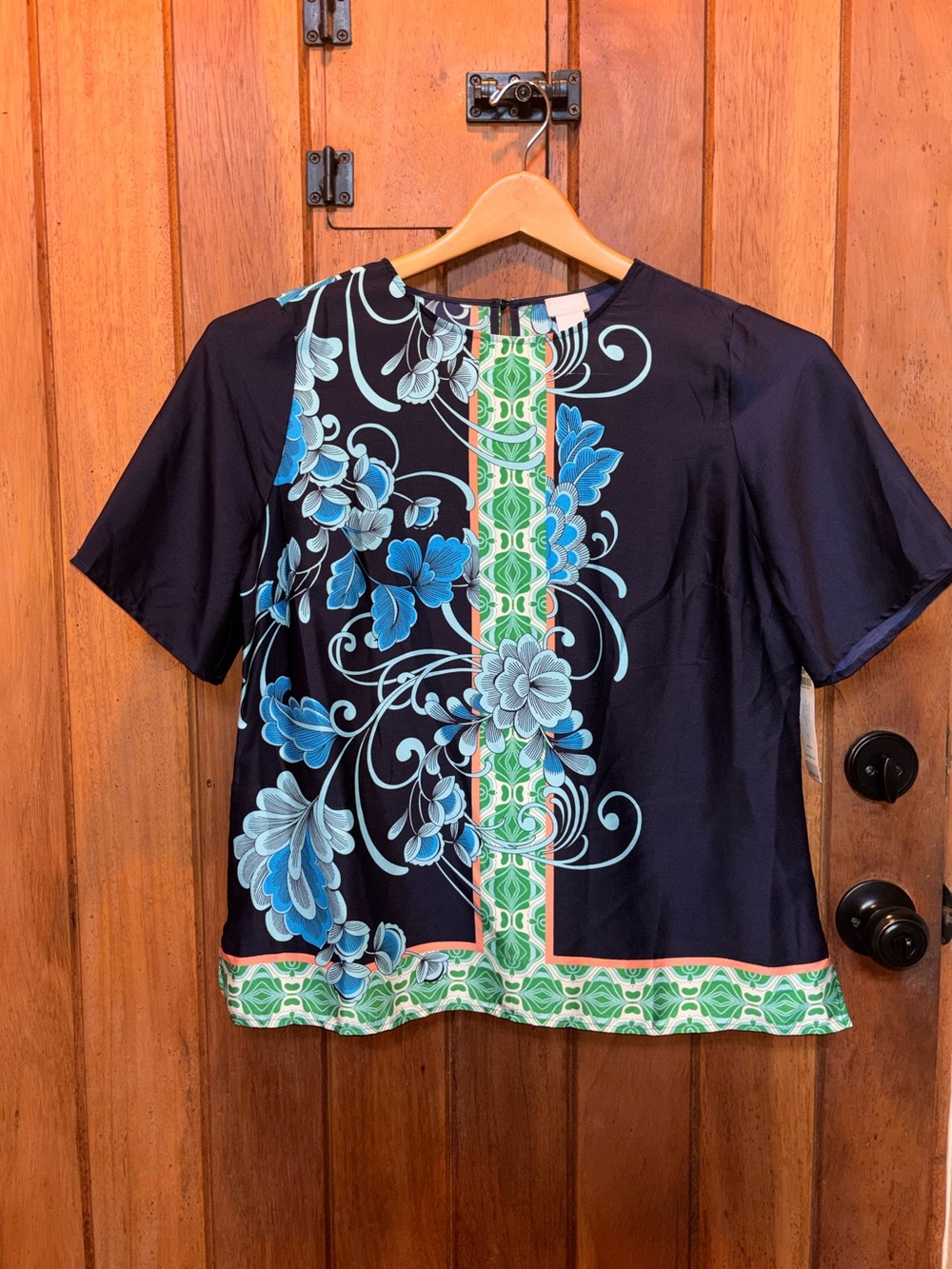 Chico’s Floral Border Short-Sleeve Top in Navy and Blue